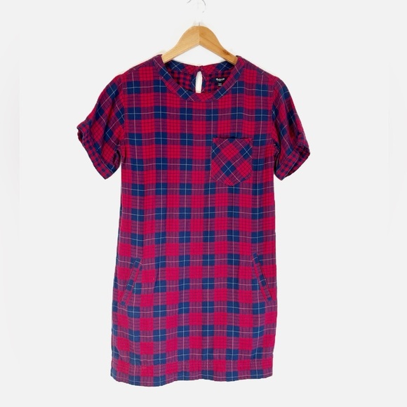 MADEWELL EDINA RED BLUE PLAID SHIRT SHIFT DRESS FLANNEL COTTON SIZE XXS - Picture 3 of 11